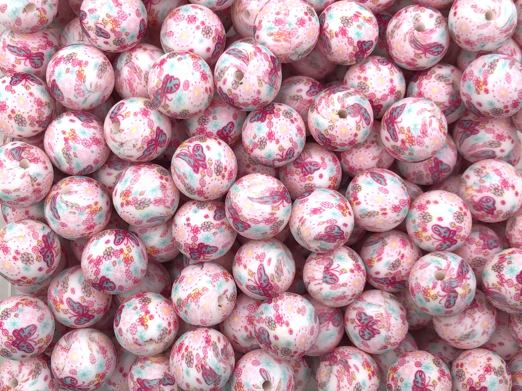 Floral Butterfly Print Silicone Beads--15mm