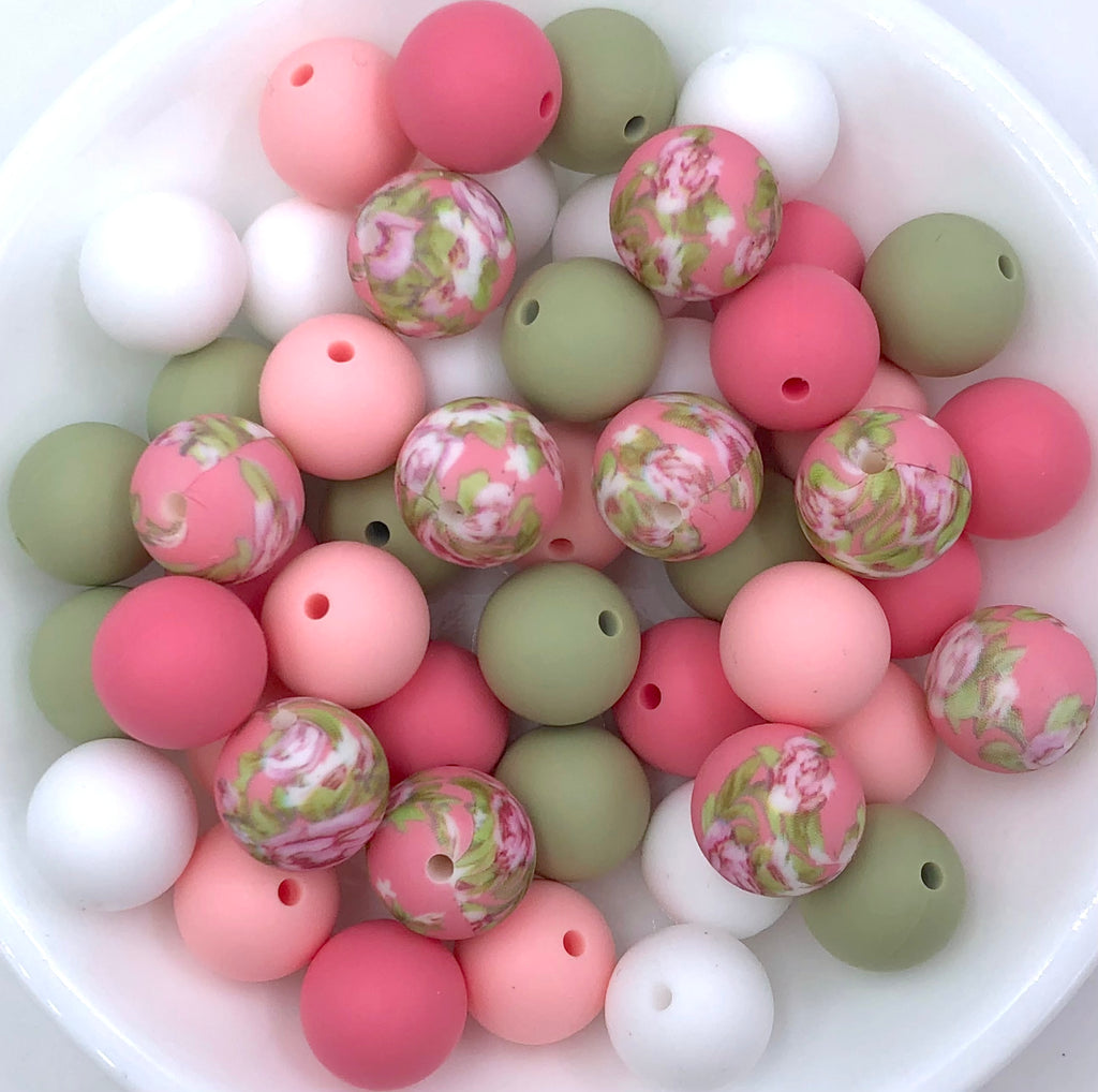 Pink Victorian Flower Silicone Bead Mix--White, Pink Quartz, Perfectly Pink, Sage