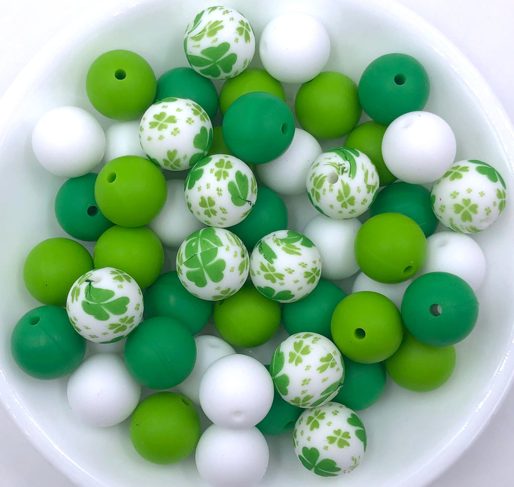 Clover Silicone Bead Mix--White, Kelly Green, Green