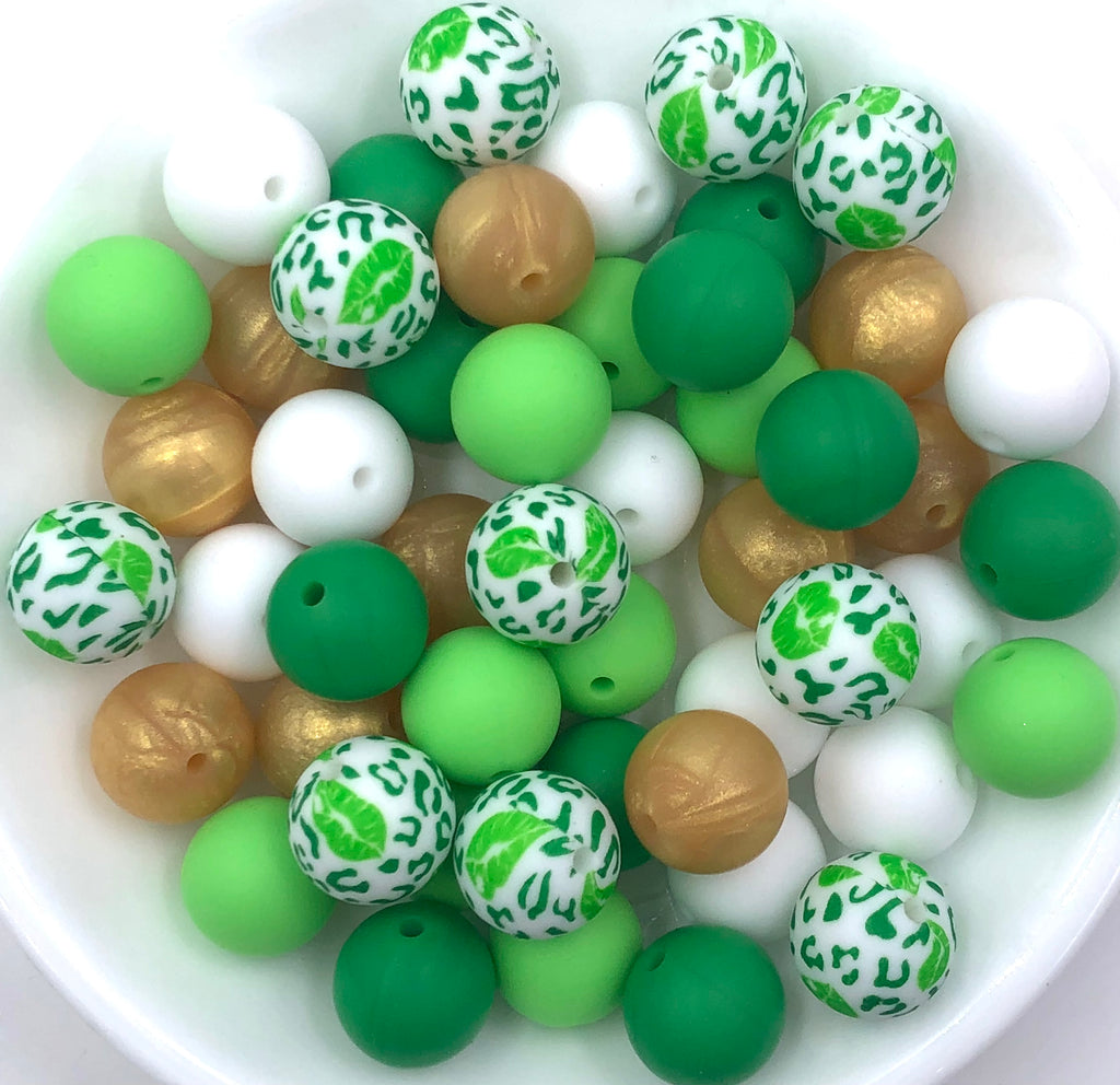 Lucky Leprechaun Lips Silicone Bead Mix--White, Kelly Green, Key Lime, Metallic Gold