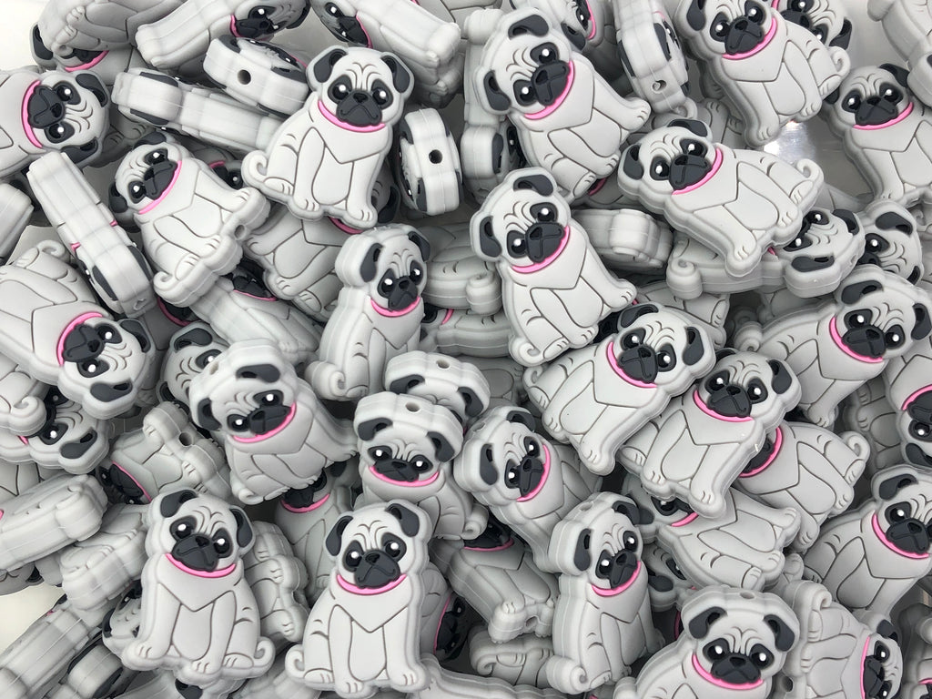 Gray Pug Dog Silicone Beads