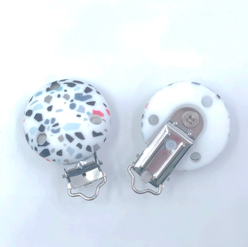 White Terrazzo Round Silicone Pacifier Clip