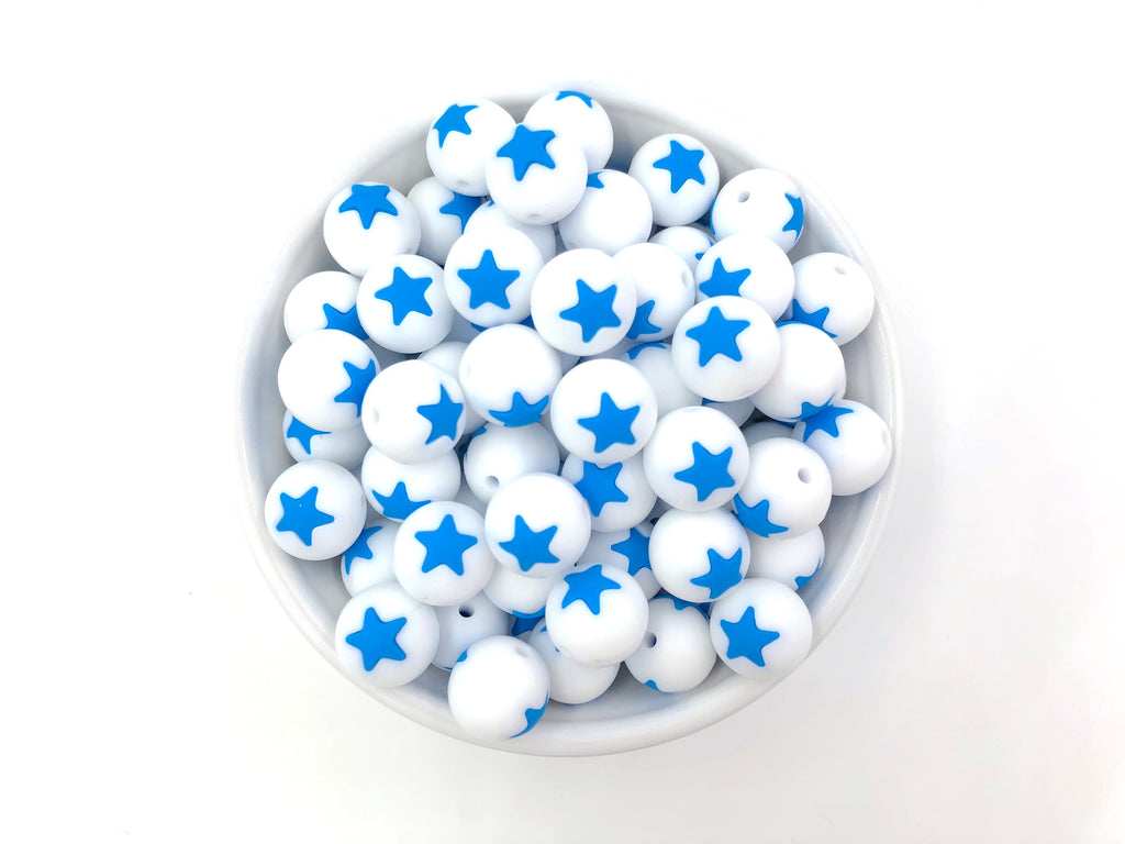 Limited Edition!   15mm White and Sky Blue Star Silicone Beads
