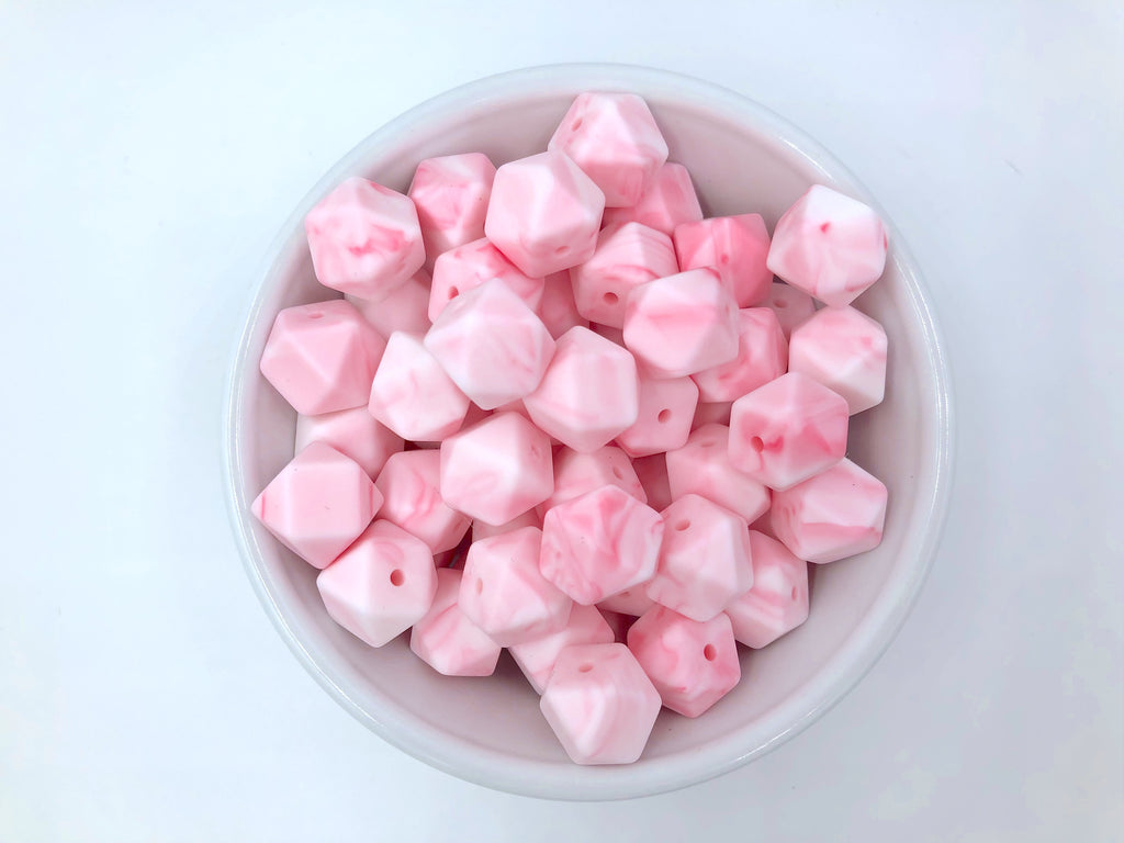 14mm Pink Marble Hexagon Silicone Beads