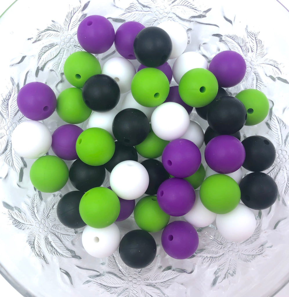 White, Green, Purple and Black Halloween Mix, 50 or 100 BULK Round Silicone Beads