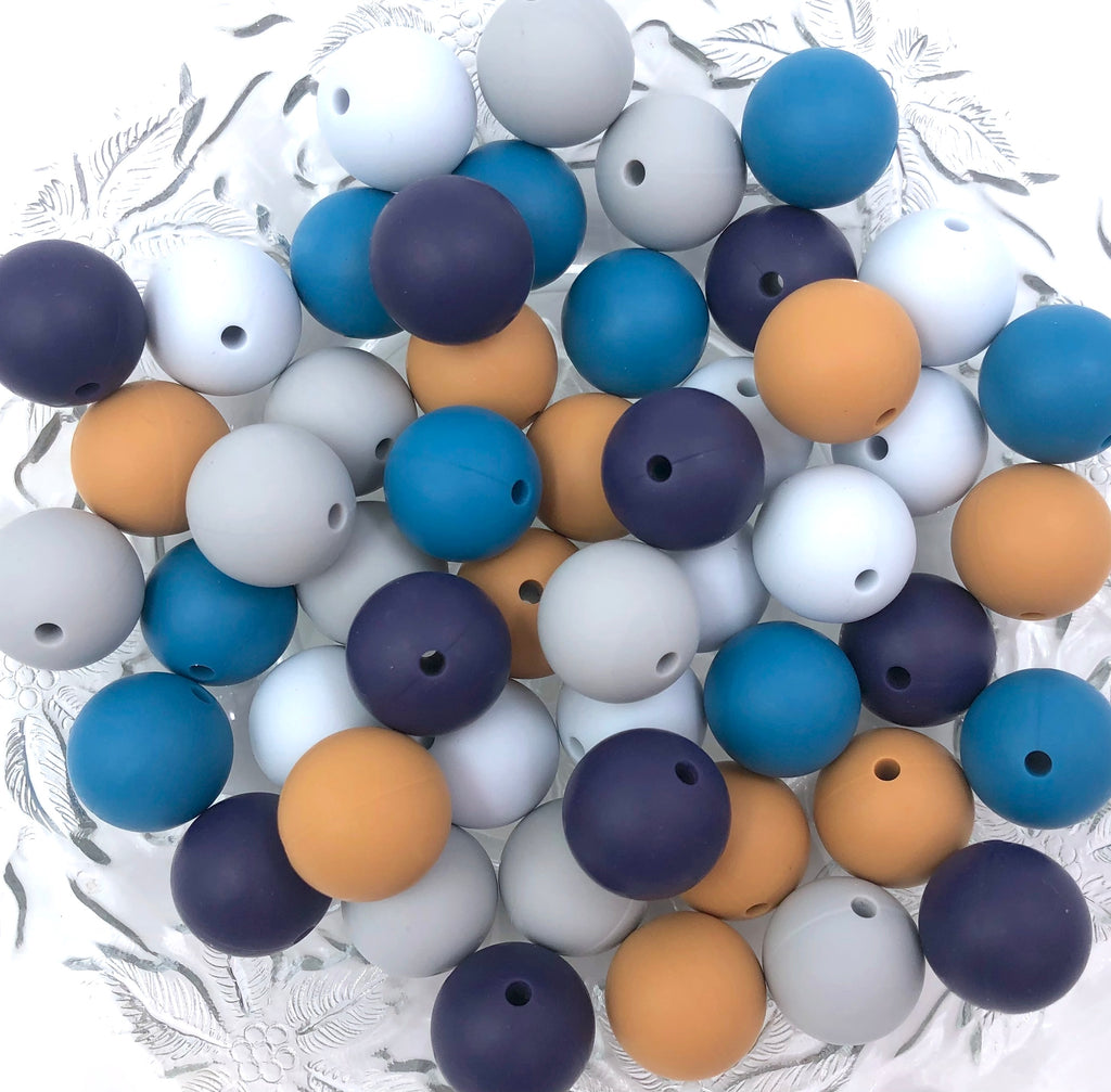 Silent Night Christmas Mix, 50 or 100 BULK Round Silicone Beads-- Frost, Midnight Purple, Sea Blue, Toasted Coconut, Light Gray