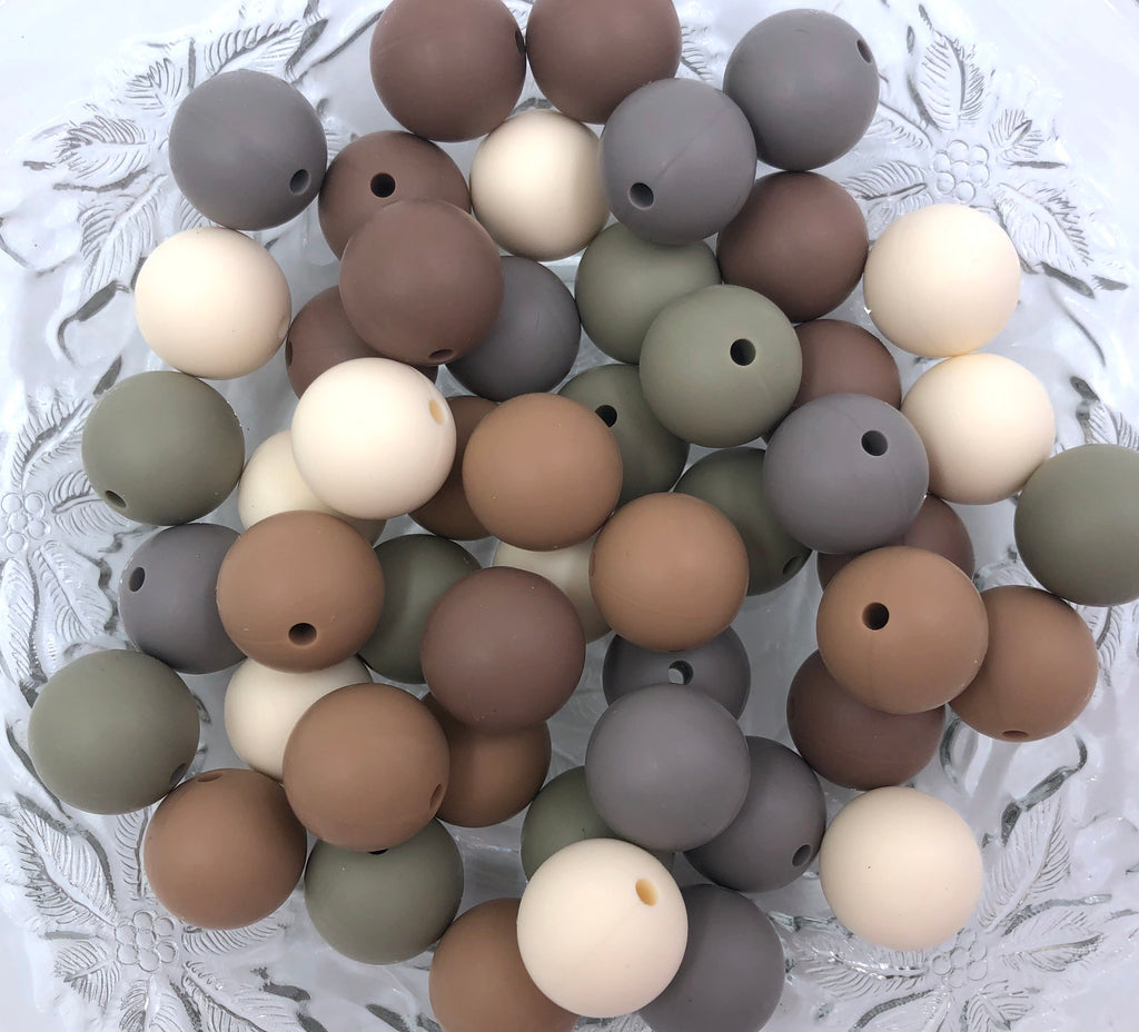 Woodland Christmas Mix, 50 or 100 BULK Round Silicone Beads-- Ivory, Sage Gray, Coffee, Caramel, Stone