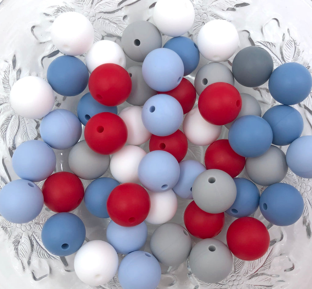 Christmas Snow Mix, 50 or 100 BULK Round Silicone Beads-- White, Red, Baby Blue, Powder Blue, Light Gray