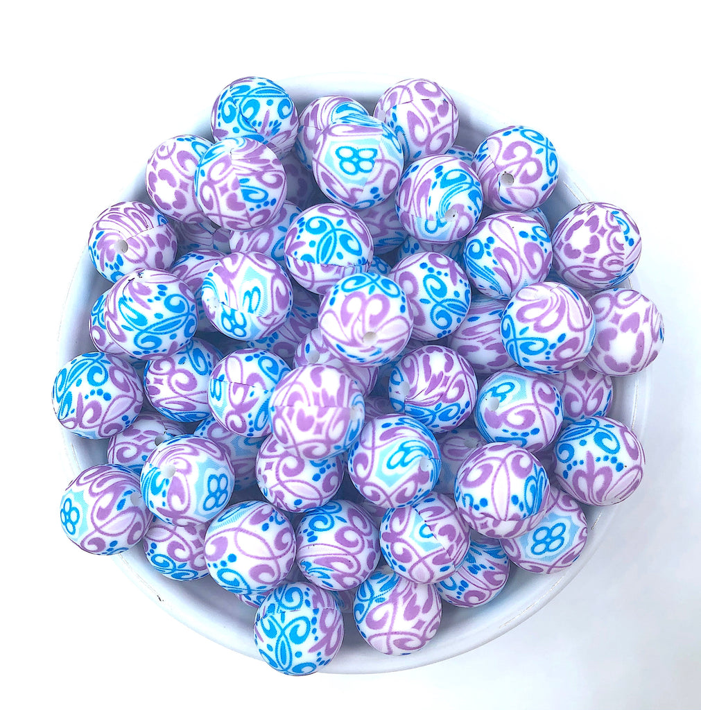 15mm Blue & Purple Swril Print Silicone Beads