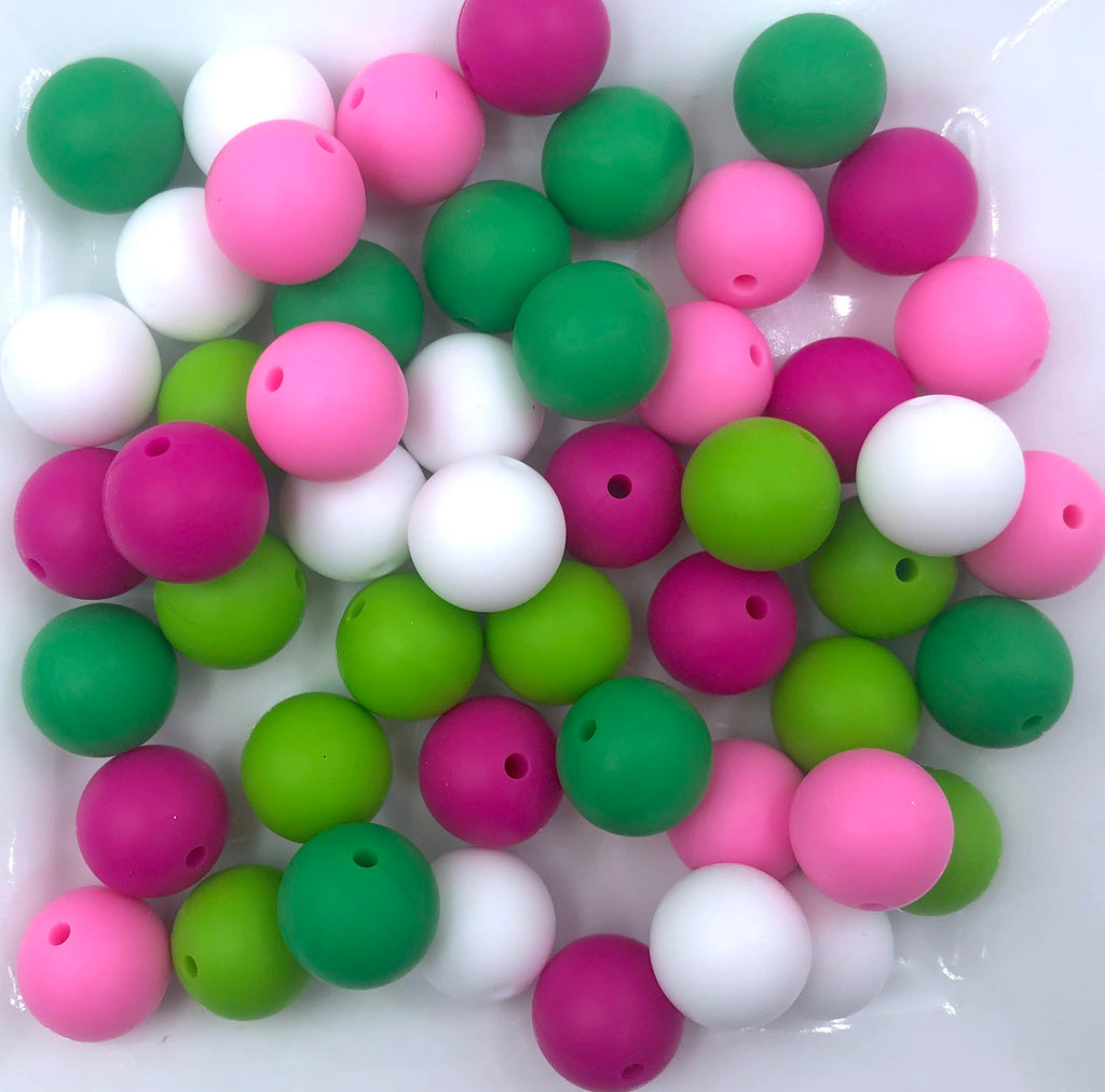 St. Patrick's Day "Pink Clover" Silicone Bead Mix-- White, Green, Kelly Green, Pink, & Hot Pink