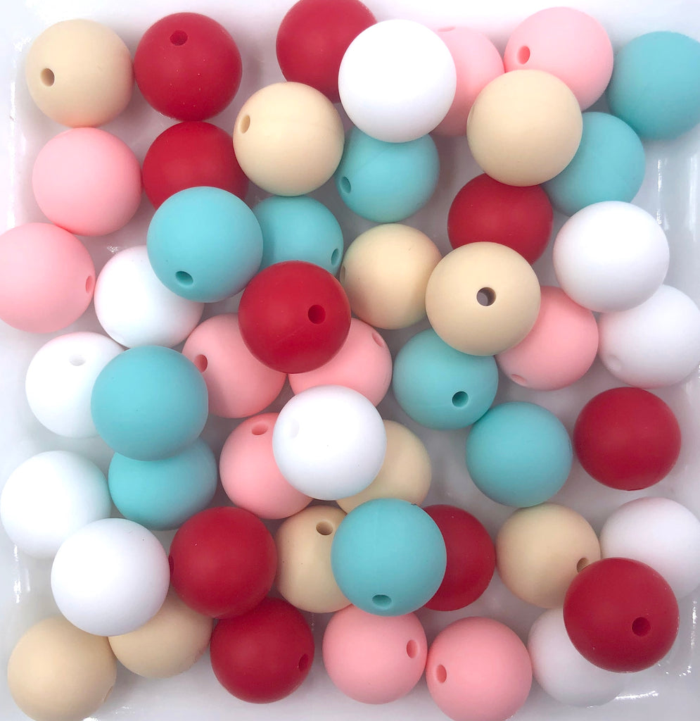 Valentine's Day "Candy Kisses" Silicone Bead Mix--White, Beige, Pink Quartz, Red, Cool Caribbean