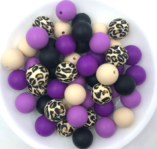 Shades of Purple Leopard Silicone Bead Mix, 50 or 100 BULK Round Silic