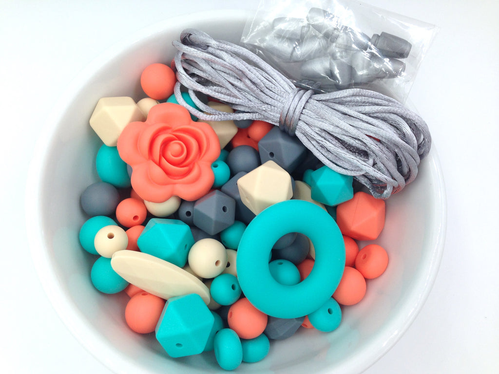 Turquoise, Salmon, Beige & Gray Bulk Silicone Bead Mix