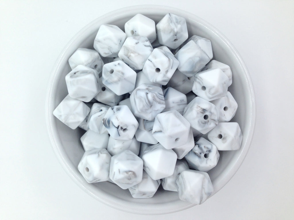 14mm Marble White Hexagon Silicone Beads