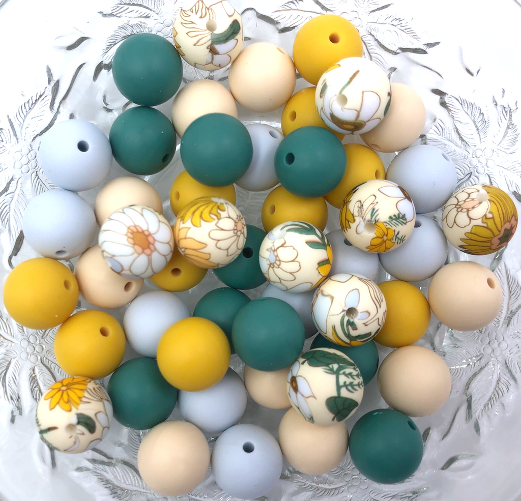 Yellow Daisy Silicone Bead Mix,  50 or 100 BULK Round Silicone Beads