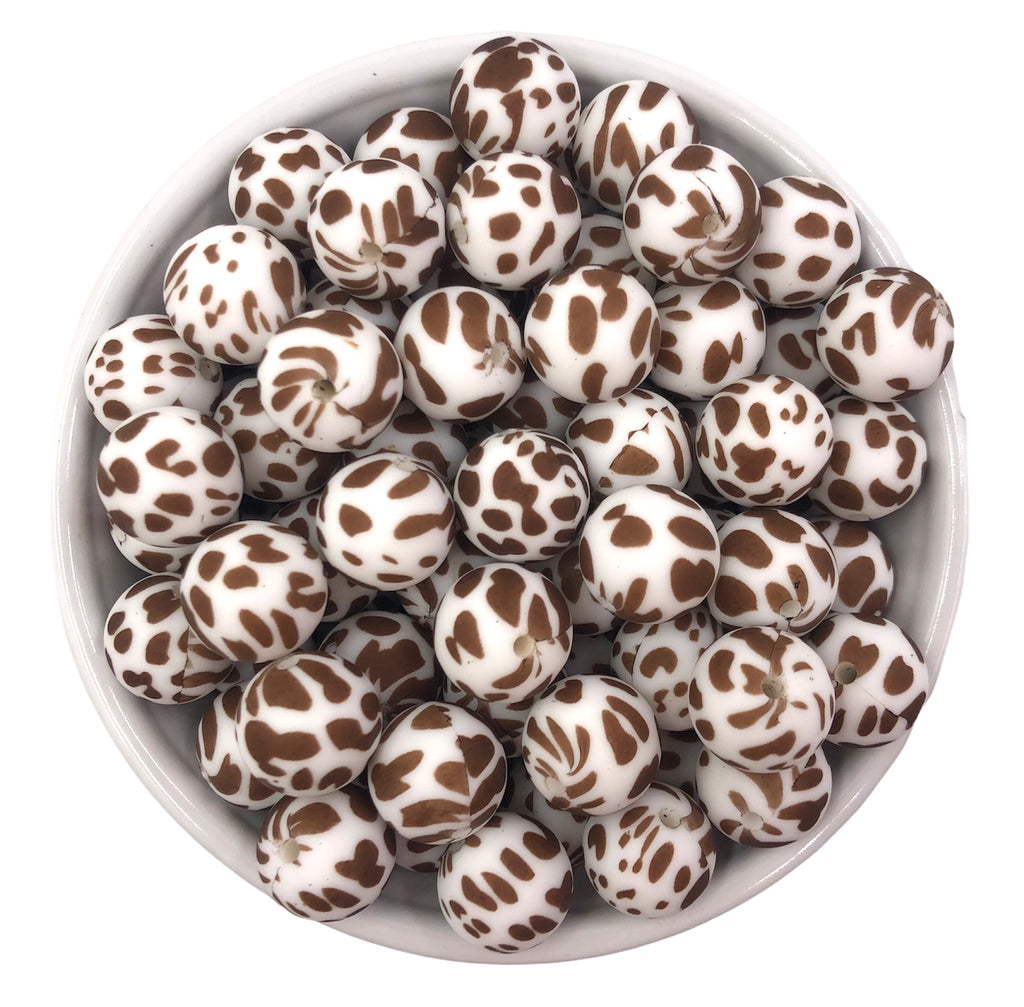 Brown Cow Print Silicone Beads - Dalmatian Printed Beads--15mm