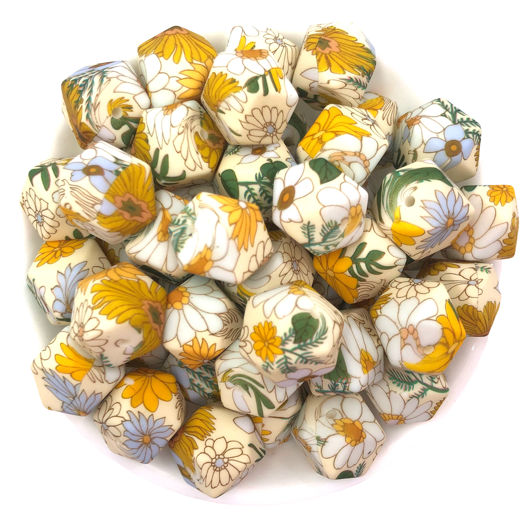 Yellow Daisy Hexagon Silicone Beads--17mm