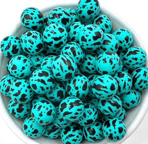 Turquoise Cow Print Silicone Beads--15mm