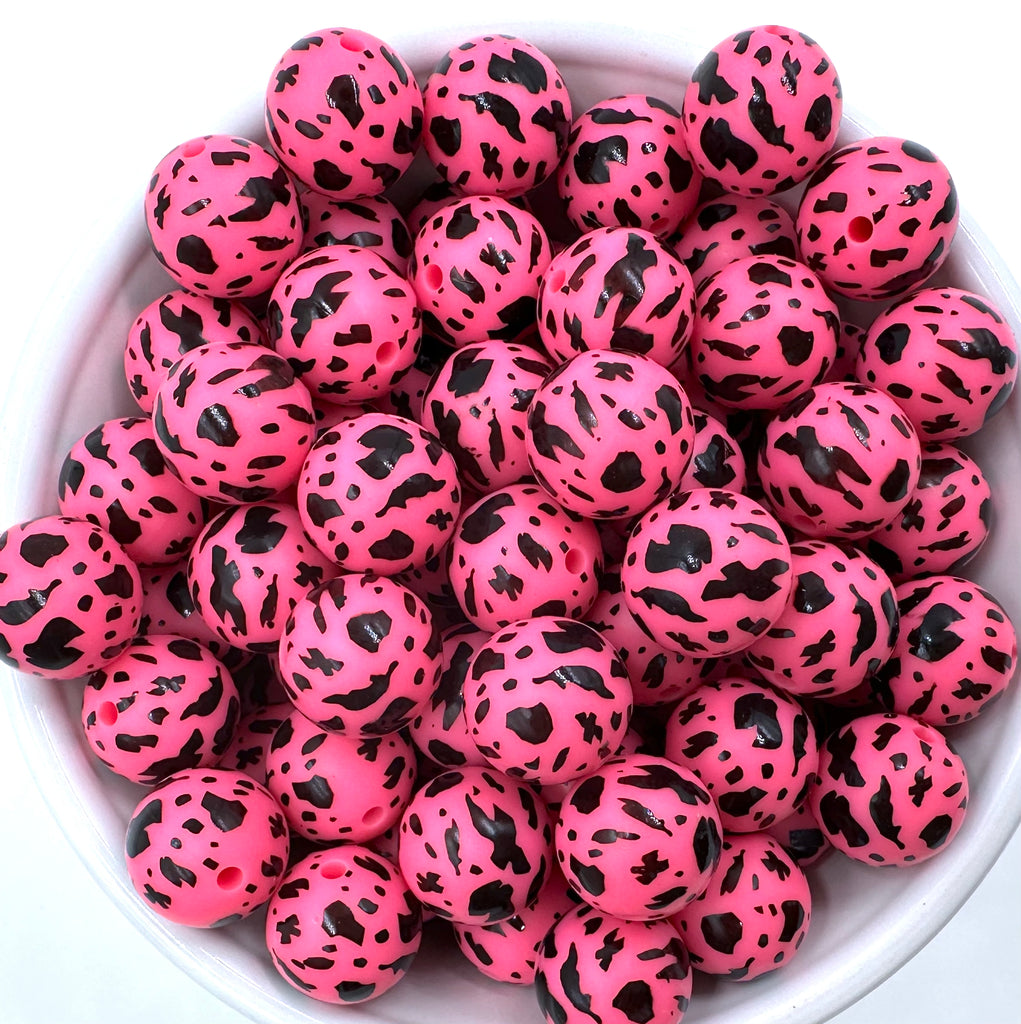 Hot Pink Cow Print Silicone Beads--15mm
