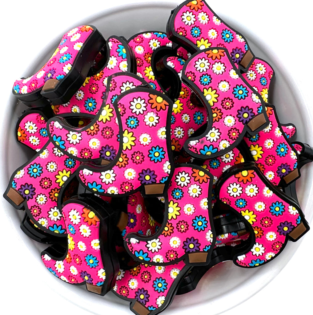Flower Cowboy Boots Silicone Focal Beads--Hot Pink