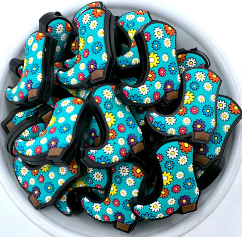 Flower Cowboy Boots Silicone Focal Beads--Turquoise