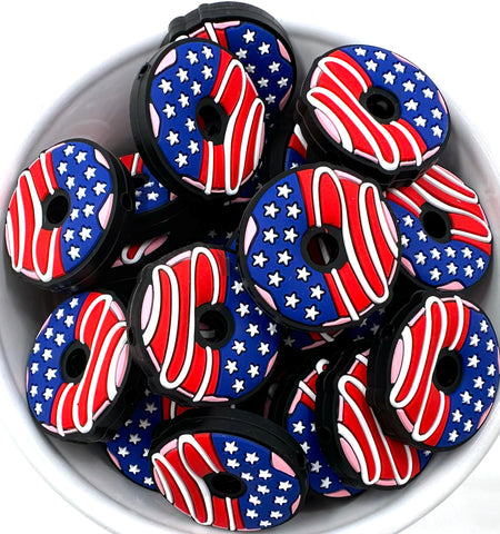Red White & Blue American Flag Donut Silicone Focal Beads