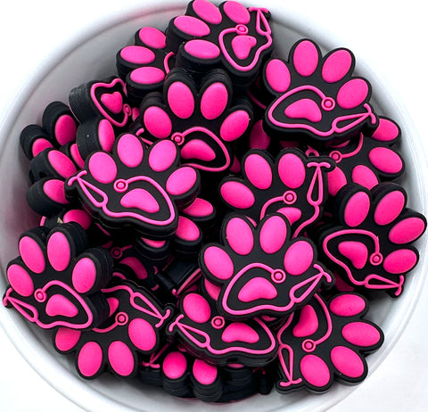 Paw Print Stethoscope Silicone Focal Beads--Hot Pink