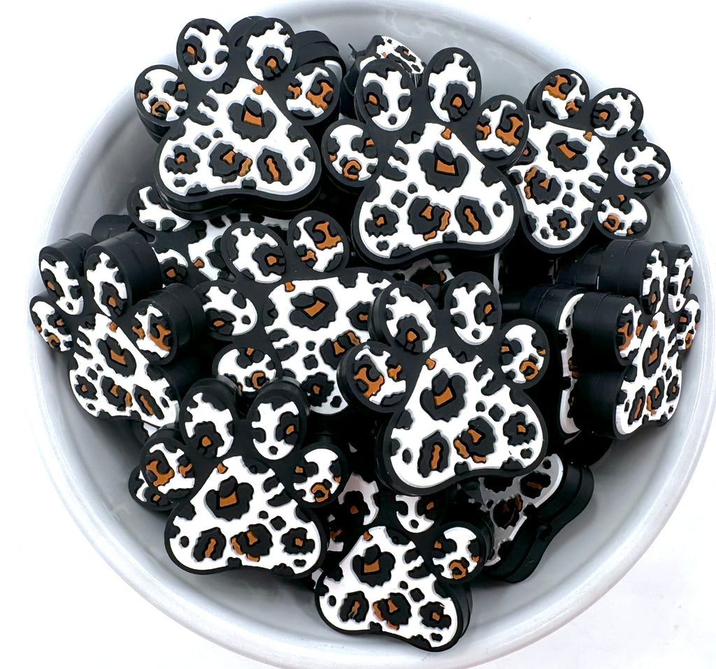 Paw Print Silicone Focal Beads--White Leopard