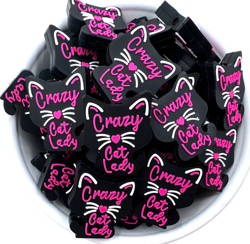 Crazy Cat Silicone Focal Beads--Black/Pink