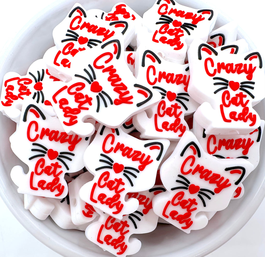 Crazy Cat Silicone Focal Beads--White/Red