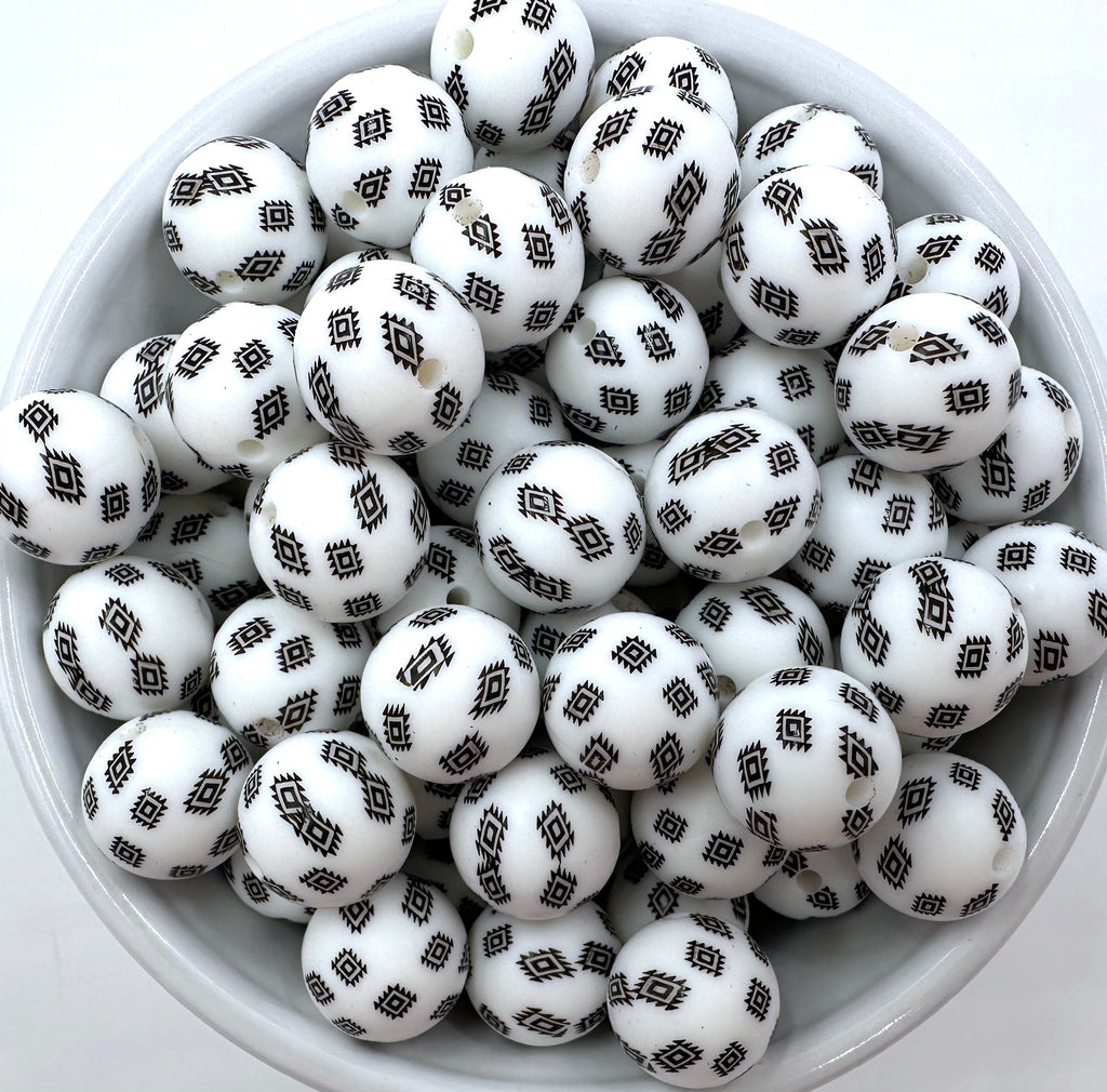 White Aztec Western Print Silicone Beads--15mm