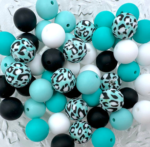 Mint Leopard Silicone Bead Mix--White, Cool Caribbean, Turquoise, Black