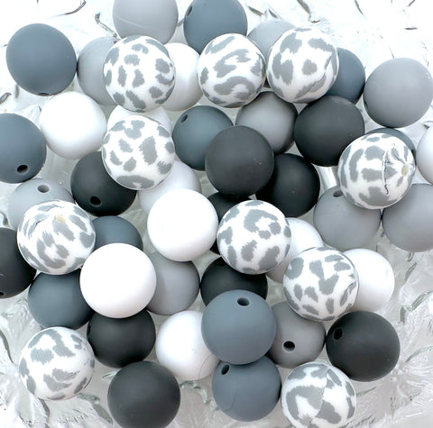 White & Gray Leopard Silicone Bead Mix--White, Light Gray, Gray, Charcoal
