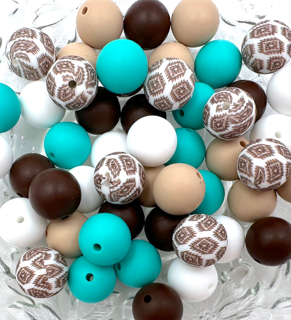 Brown Western Silicone Bead Mix--White, Brown, Oatmeal, Turquoise