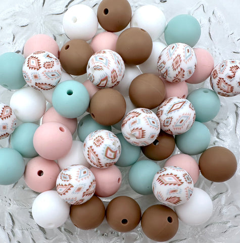 Brown & Blue Western Silicone Bead Mix--Ballet Pink, Robin's Egg, Latte, White