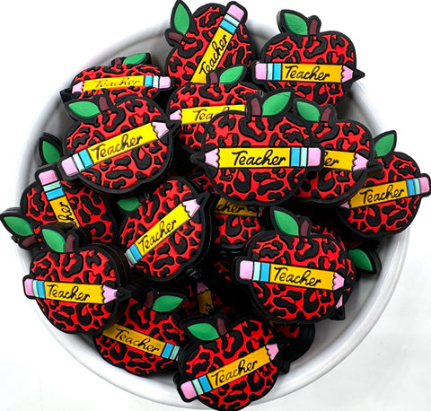 Leopard Teacher Apple Silicone Focal Beads--Red
