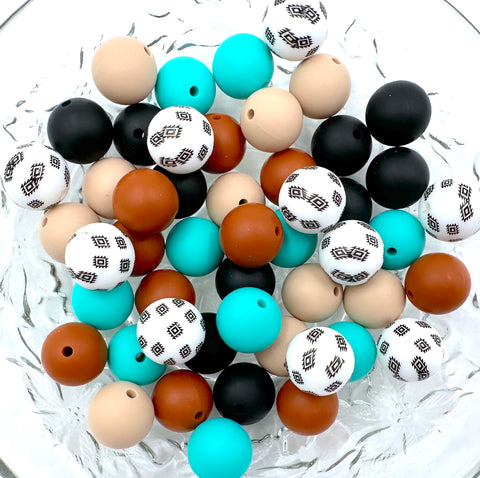 White Aztec Western Silicone Bead Mix-- Oatmeal, Turquoise, Black, Spice Brown