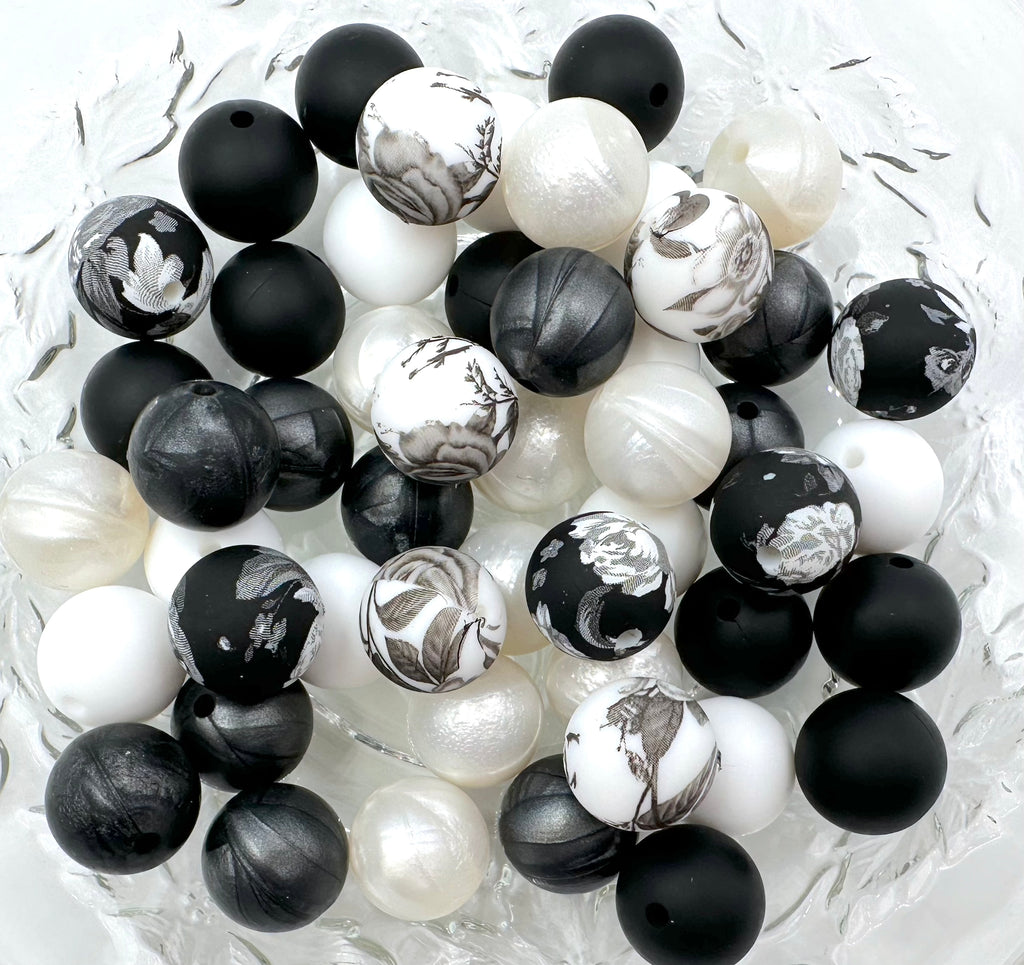 Black & White Flower Silicone Bead Mix--White, Black, Metallic White, Metallic Black
