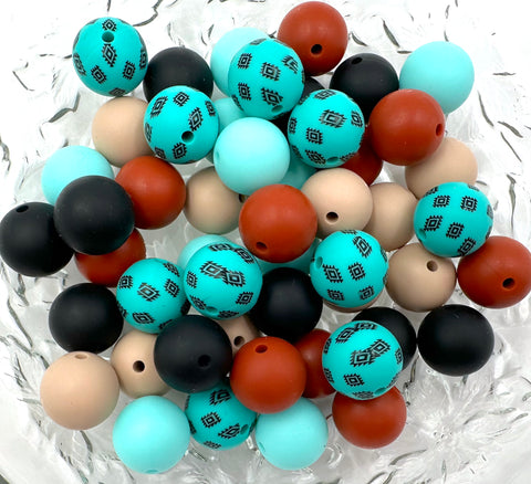 Turquoise Aztec Western Silicone Bead Mix-- Oatmeal, Black, Rust, Aqua