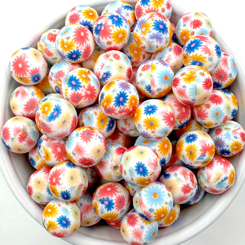 Colorful Daisy Flower Print Silicone Beads--15mm