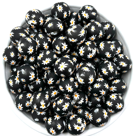White & Black Daisy Flower Print Silicone Beads--15mm