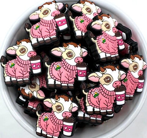 Pink Coffee Cow Silicone Focal Beads