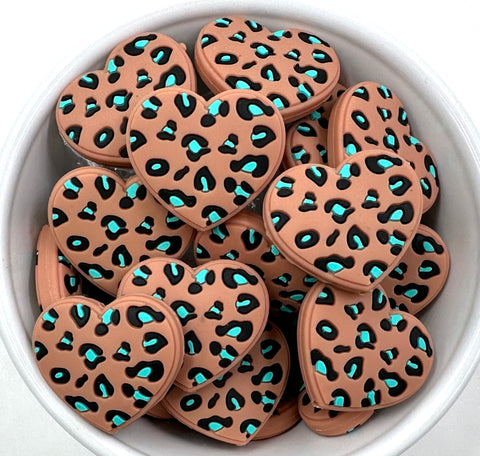 Brown & Turquoise Leopard Heart Silicone Focal Beads