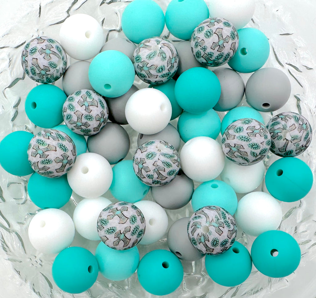 Turquoise Cross Silicone Bead Mix--White, Aqua, Turquoise, Light Gray