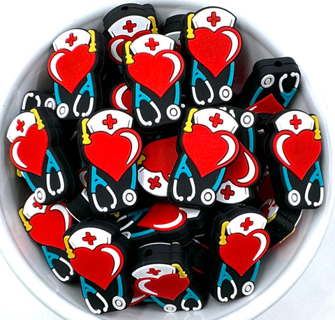 Nurse Hat, Red Heart & Stethoscope Silicone Focal Beads
