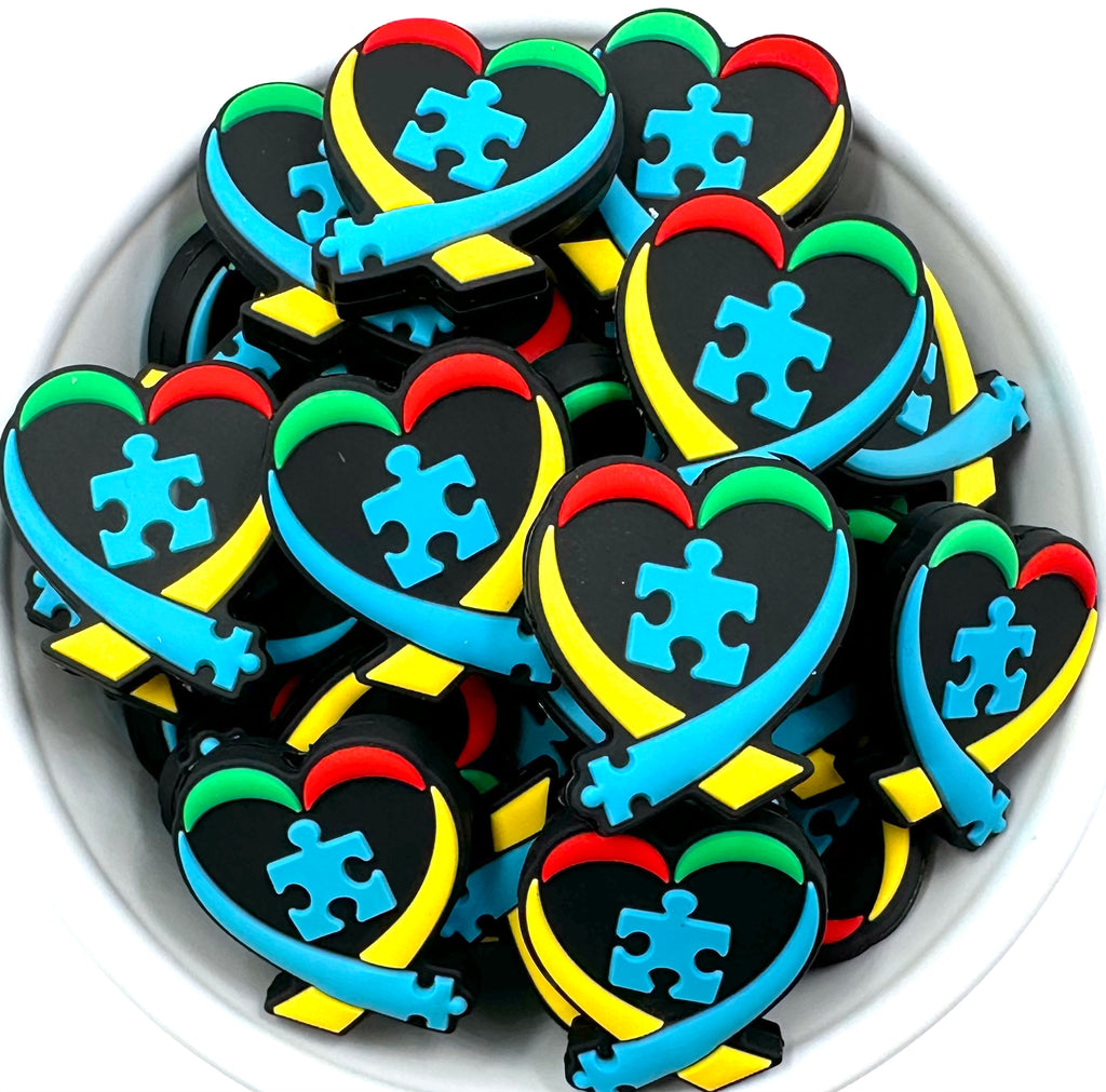 Heart Ribbon Autism Silicone Focal Beads