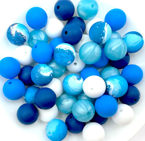 Ocean Print Silicone Bead Mix--White, Sky Blue, Sapphire, Metallic Island Blue