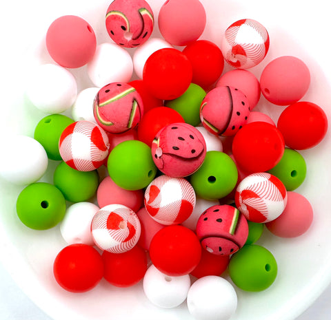 Watermelon Picnic Silicone Bead Mix--White, Green, Perfectly Pink, Strawberry Red