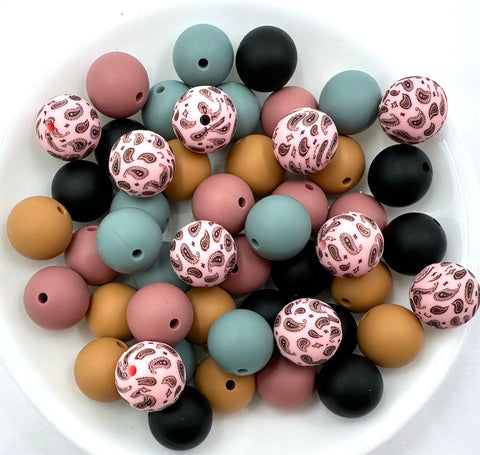 Pink Western Silicone Bead Mix--Antique Rose, Beach Blue, Toasted Coconut and Black