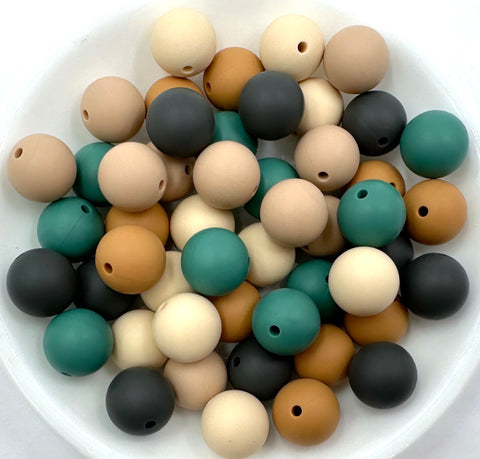 Western Boho Silicone Bead Mix--Beige, Oatmeal, Charcoal, Toasted Coconut, Pine Green